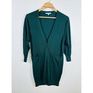 Uniqlo Women XS Sweater Long One Button Long‎ Cardigan Green Two Pockets